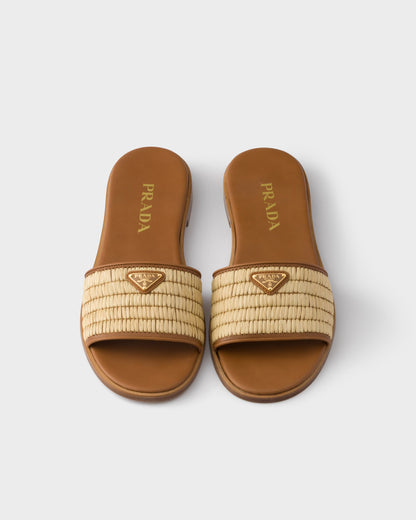 Slider-Sandalen aus Leder und Crochet Beige