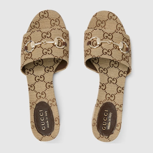 Women's slider sandals with Morsetto in GG fabric in camel and brown