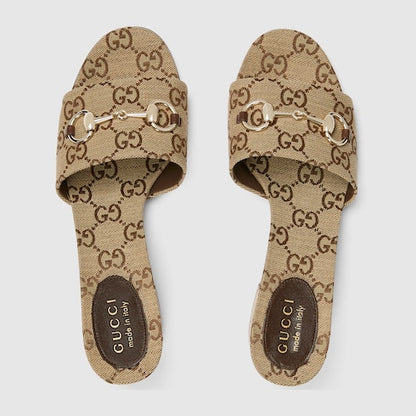 Women's slider sandals with Morsetto in GG fabric in camel and brown