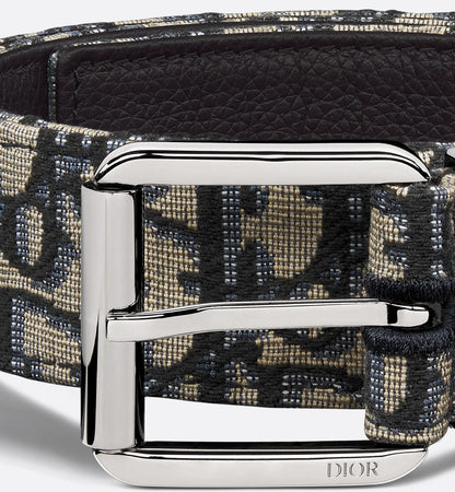 Beige and black oblique jacquard belt with black grained calfskin, 35 mm, men's