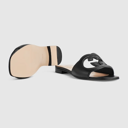 Women's GG Criss-Cross Strap Leather Slider Sandals in Black