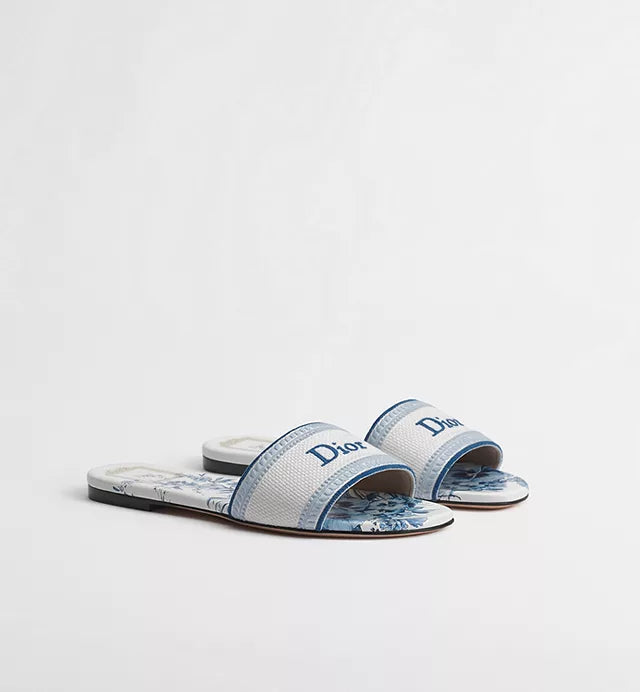 Dioriviera Dway Slide with Toile de Jouy Floral Garden Motif in White and Blue