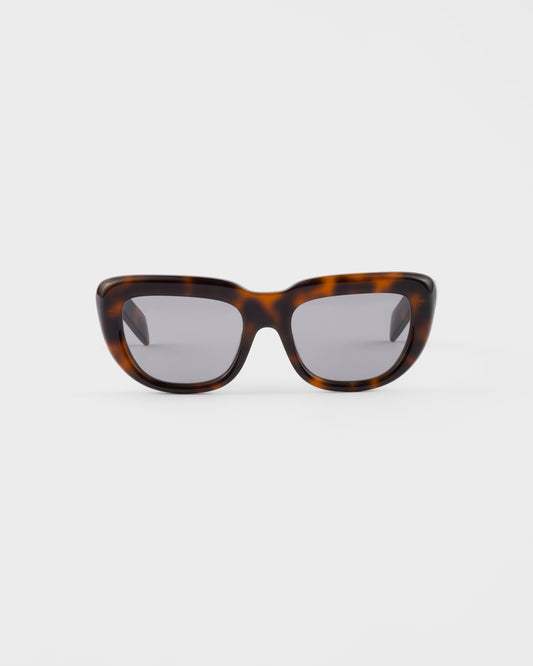 Rectangular tortoiseshell acetate sunglasses with grey lenses