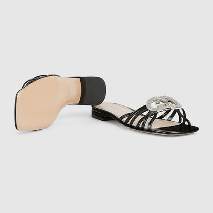Women's GG Criss-Cross Crystal-Embellished Patent Leather Slider Sandals in Black