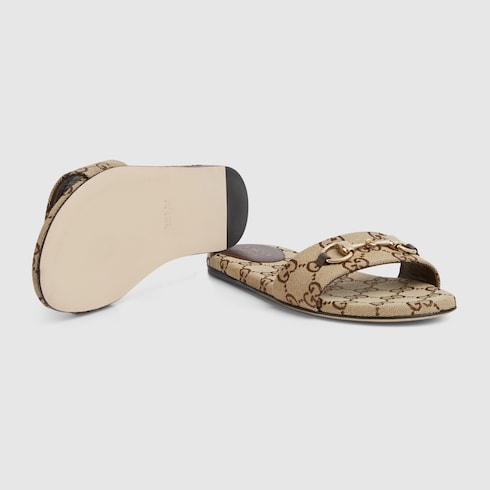 Women's GG Canvas Slides with Morsetto in Beige and Dark Brown