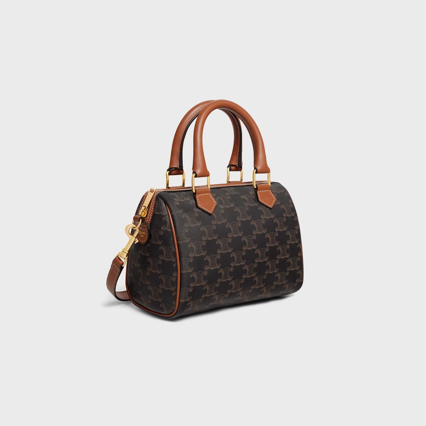 Kleine Boston Tasche aus Triomphe-Canvas und Kalbsleder in Cognac