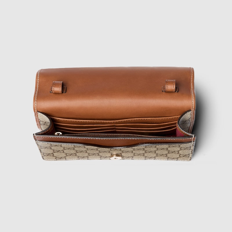 GG emblem wallet with shoulder strap in beige fabric