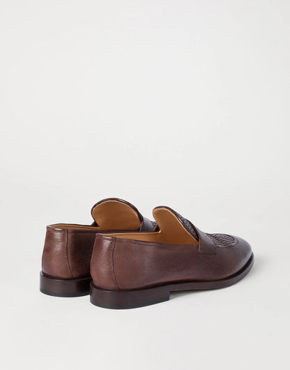 Penny loafers in braided calfskin and shiny calfskin Dark brown