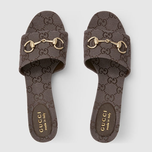 Dark brown GG fabric women's slider sandals with Morsetto