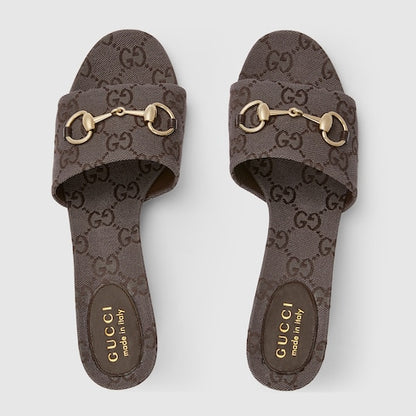 Dark brown GG fabric women's slider sandals with Morsetto