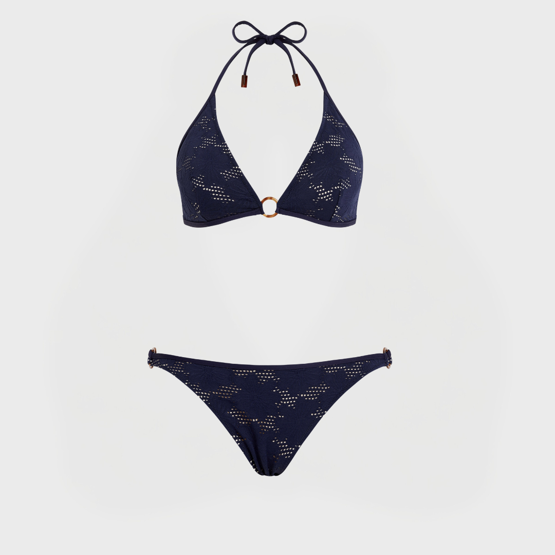 Damen-Triangel-Bikini-Set aus Fleur-Jacquard Marineblau