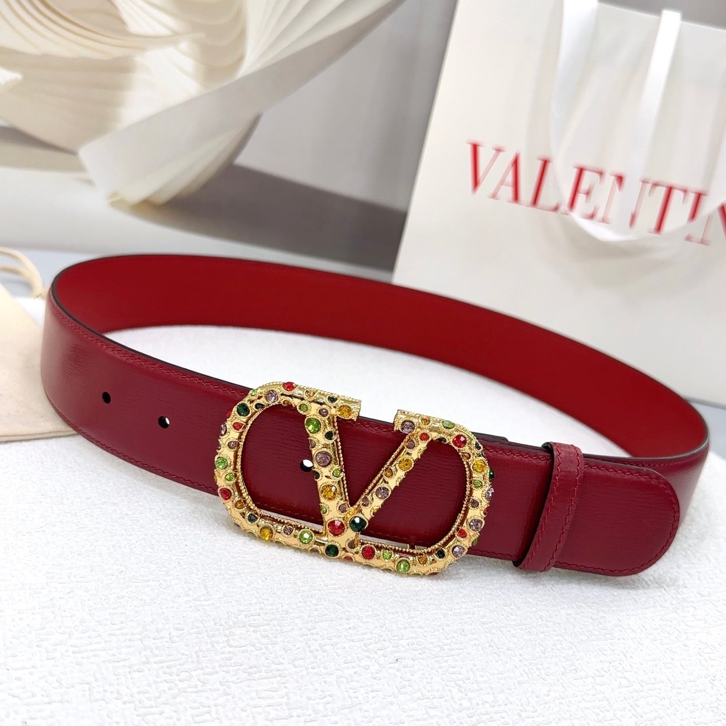 Reversible belt VLogo Signature Bordeaux with multicolored Swarovski crystals
