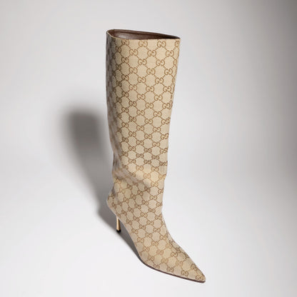 Bombshell Damenstiefel in Sandfarbener und dunkelbrauner GG Canvas