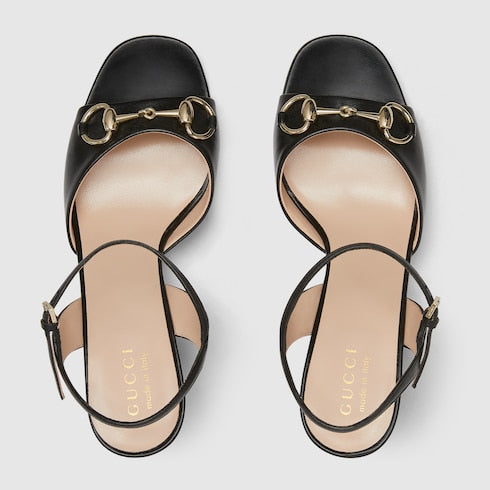 Women's black leather heeled sandals with Morsetto detail