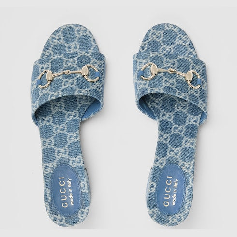 Women's heeled slider sandals in blue GG denim
