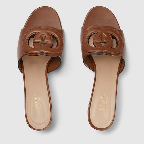 Women's GG Criss-Cross Slider Sandals in Brown Leather