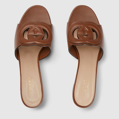 Women's GG Criss-Cross Slider Sandals in Brown Leather