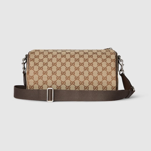 Small cylindrical bag made of GG fabric in beige and dark brown