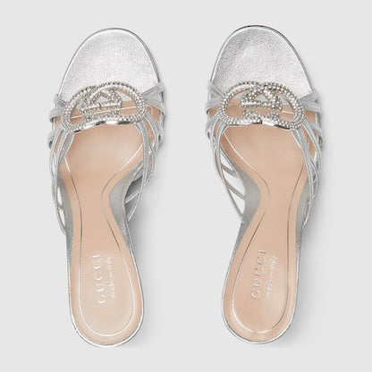 Women's heeled slider sandals with GG criss-cross straps and crystals in silver leather