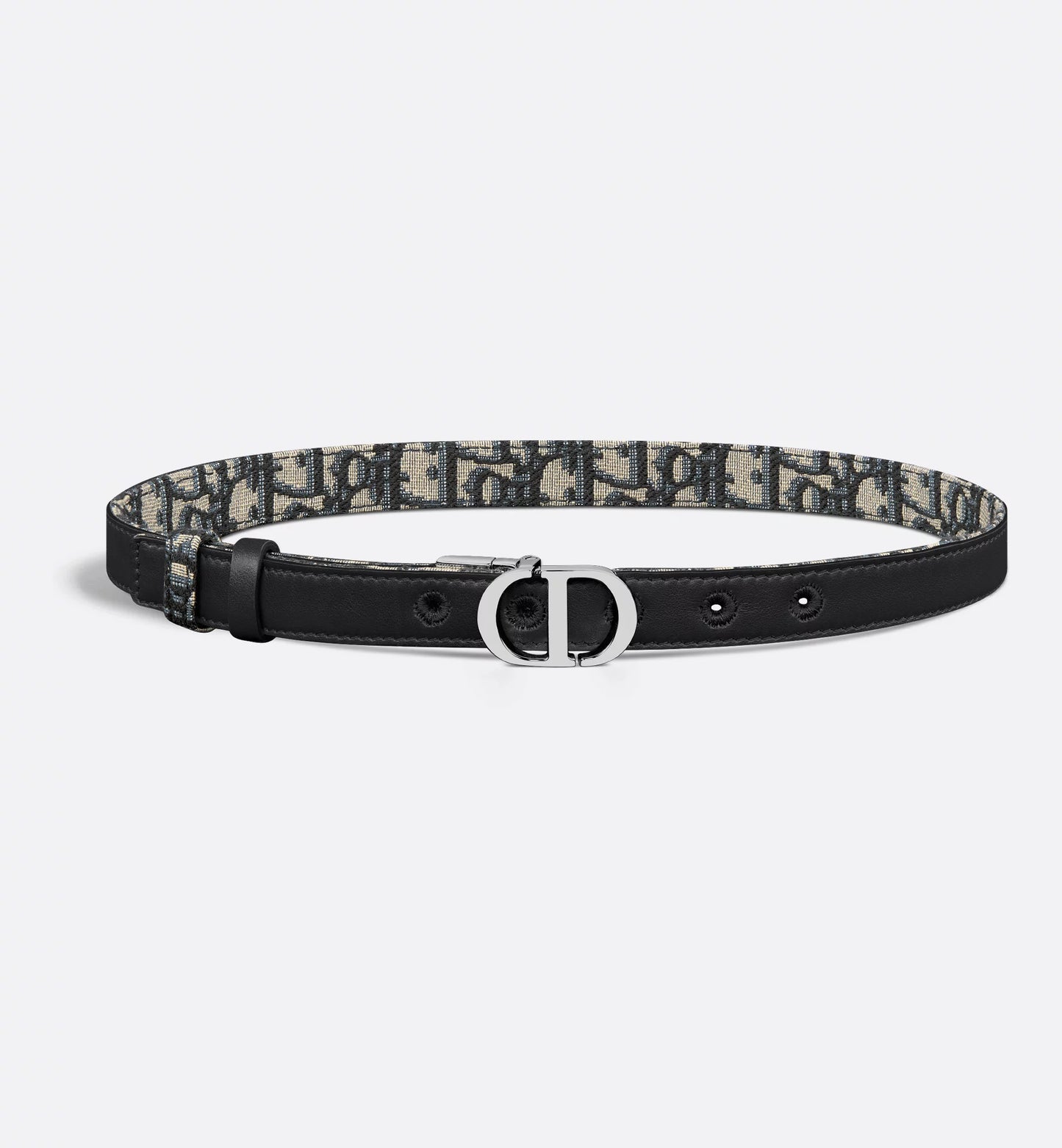 30 Wende-Gürtel Montaigne aus glattem blauem Kalbsleder und Oblique Jacquard mit silberner 20-mm-Schnalle für Damen