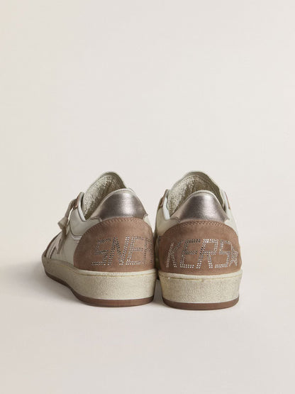 LTD in white nappa and old rose suede with star and heel in silver metallic leather