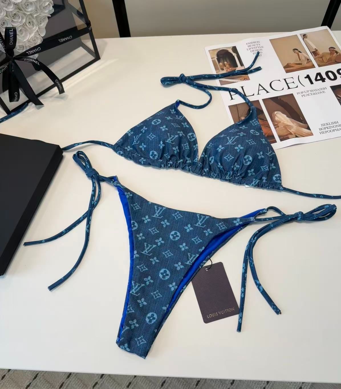 Monogram Jacquard Denim Bikini-Set