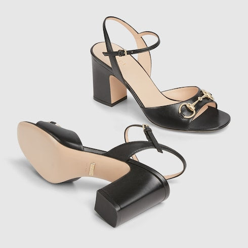 Women's black leather heeled sandals with Morsetto detail