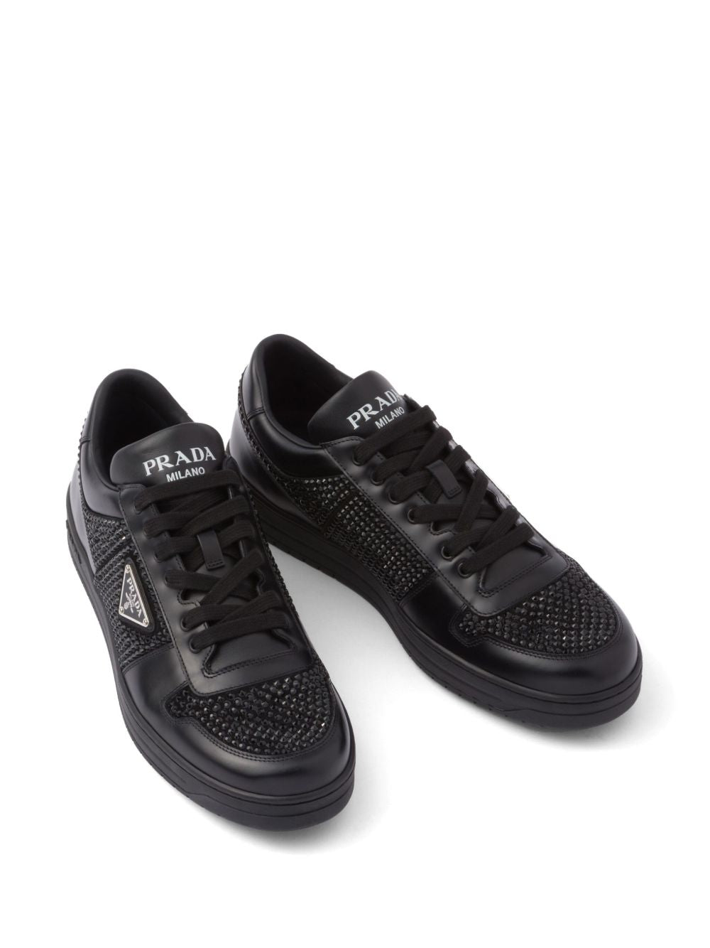 Black leather sneakers with crystal details