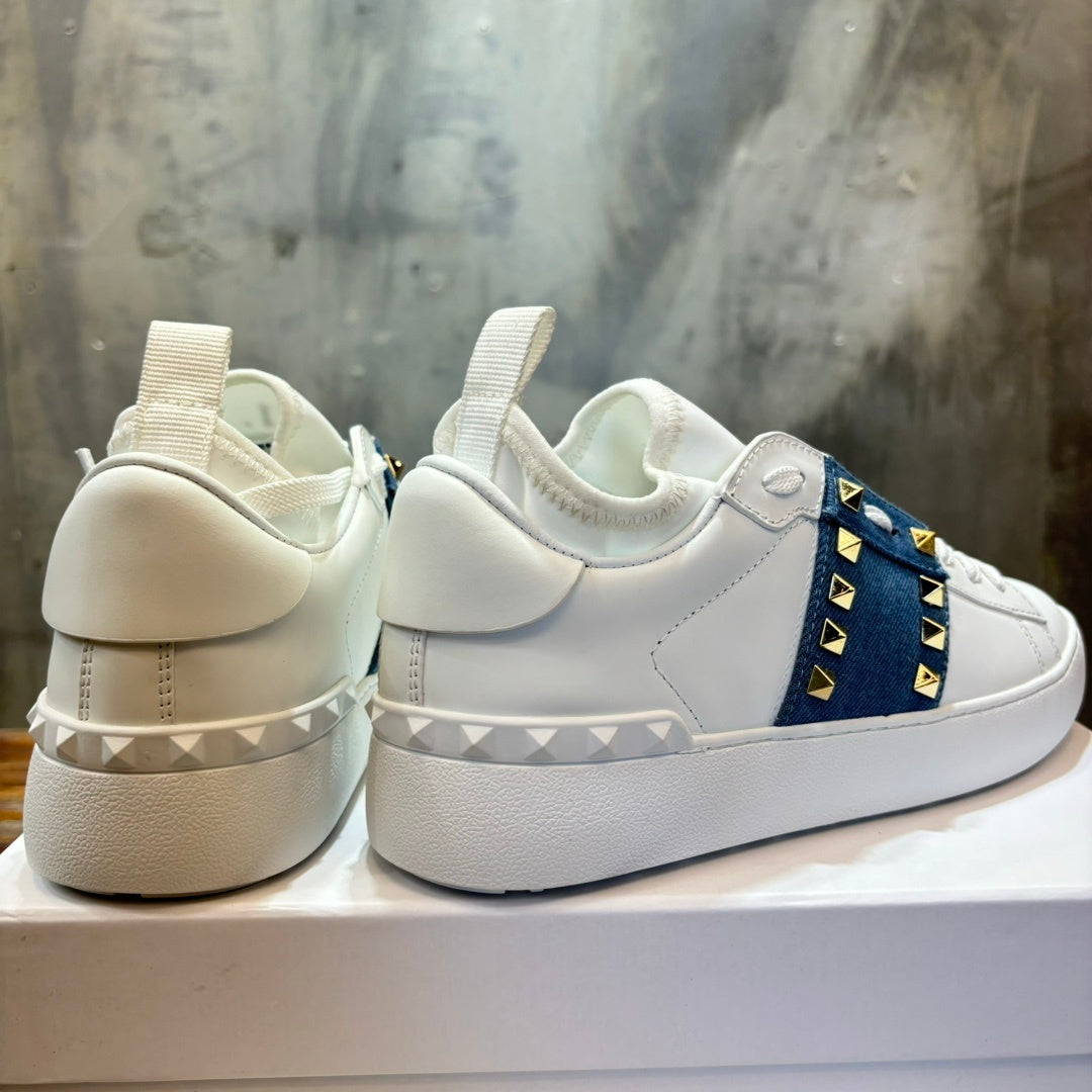 VLTN Rockstud Open Leather Sneakers White/Blue