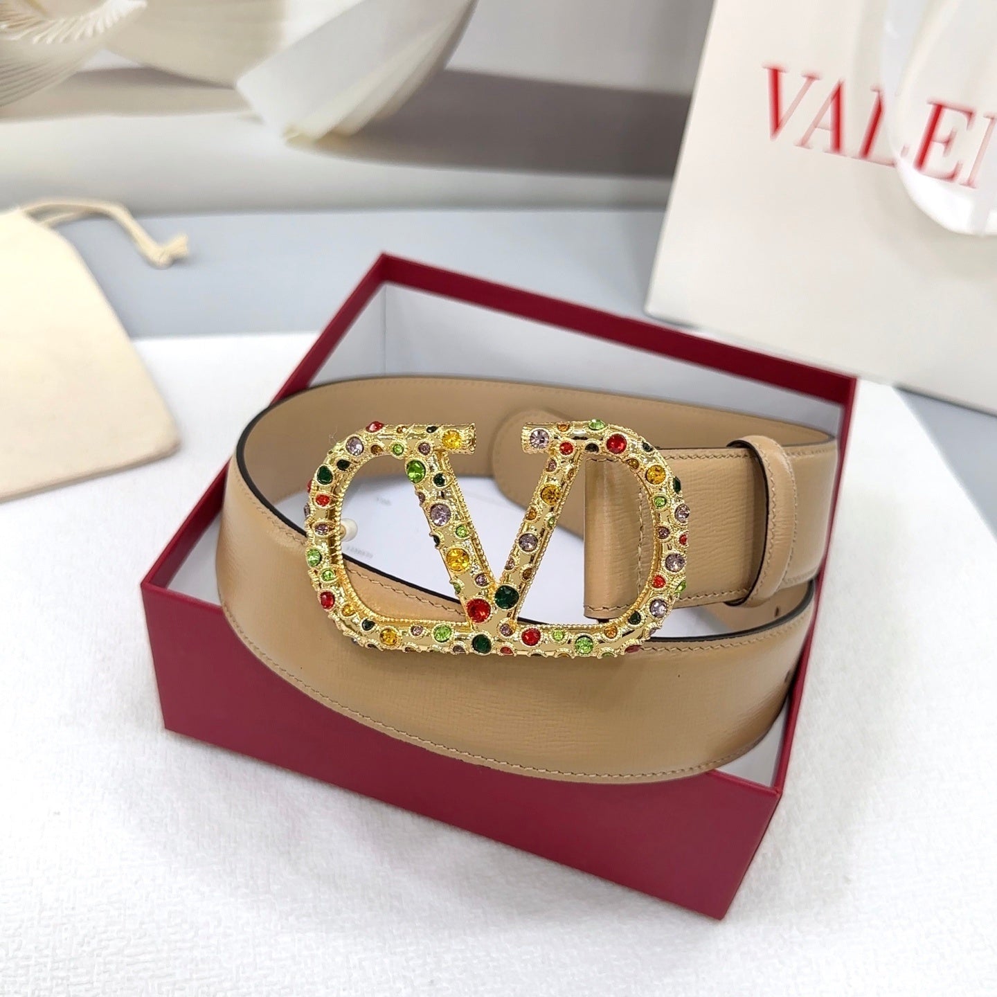 Reversible belt VLogo Signature Beige with multicolored Swarovski crystals