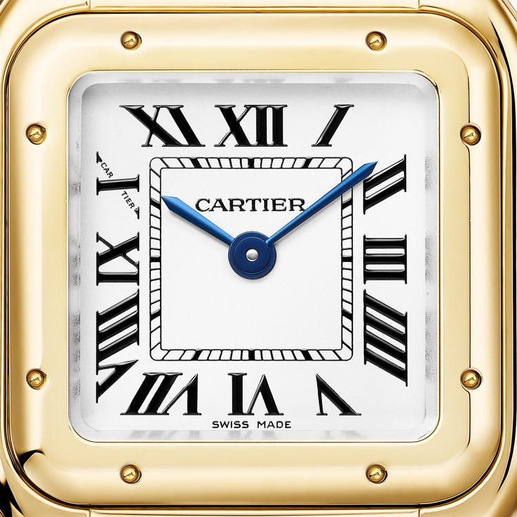 Panthère Uhr aus Gold mit schwertförmigen gebläuten Stahlzeigern Small
