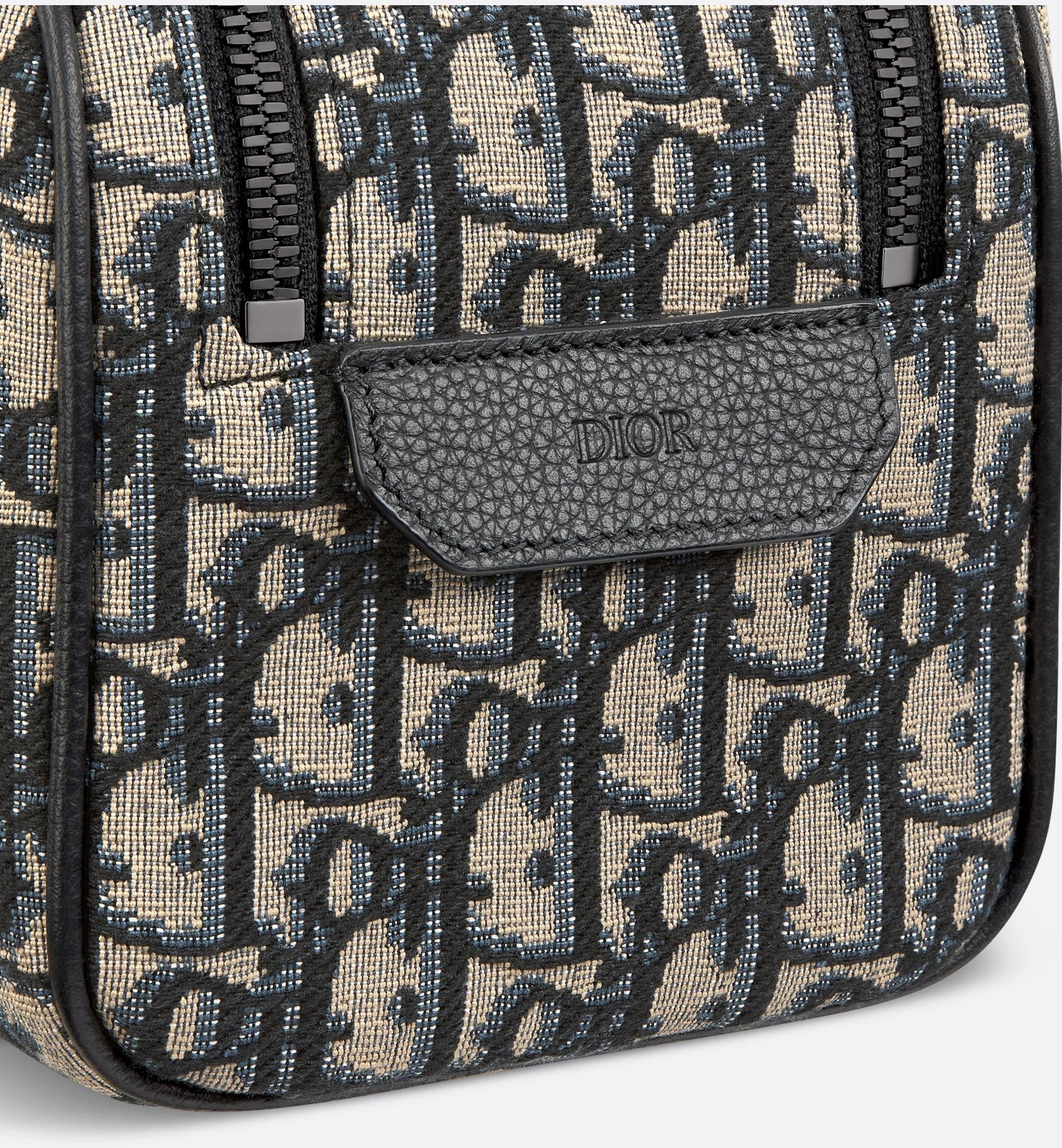 Toilettentasche Beige/Schwarz Oblique Jacquard und genarbtes Kalbsleder