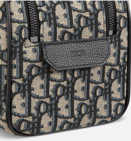 Toilettentasche Beige/Schwarz Oblique Jacquard und genarbtes Kalbsleder