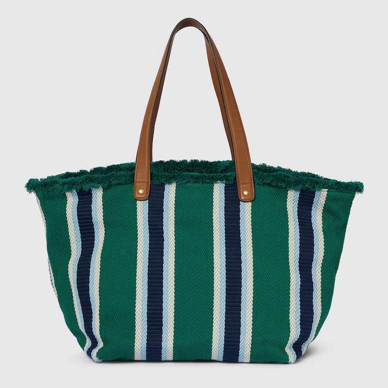 Shopper bag in embroidered green fabric, medium