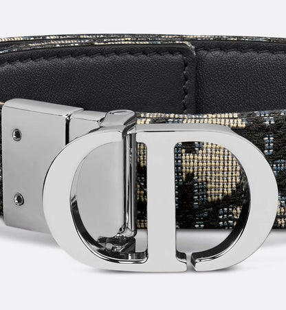 30 Wende-Gürtel Montaigne aus glattem blauem Kalbsleder und Oblique Jacquard mit silberner 20-mm-Schnalle für Damen