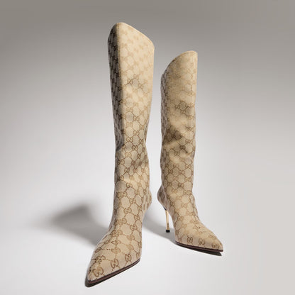Bombshell Damenstiefel in Sandfarbener und dunkelbrauner GG Canvas