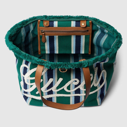 Shopper bag in embroidered green fabric, medium