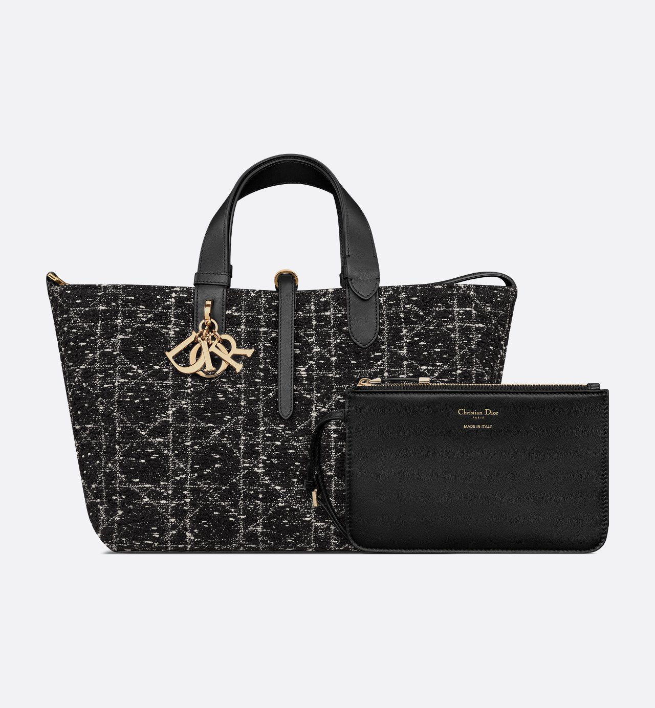 Toujours Medium Schwarze Tweed Tasche mit weißem Cannage-Muster