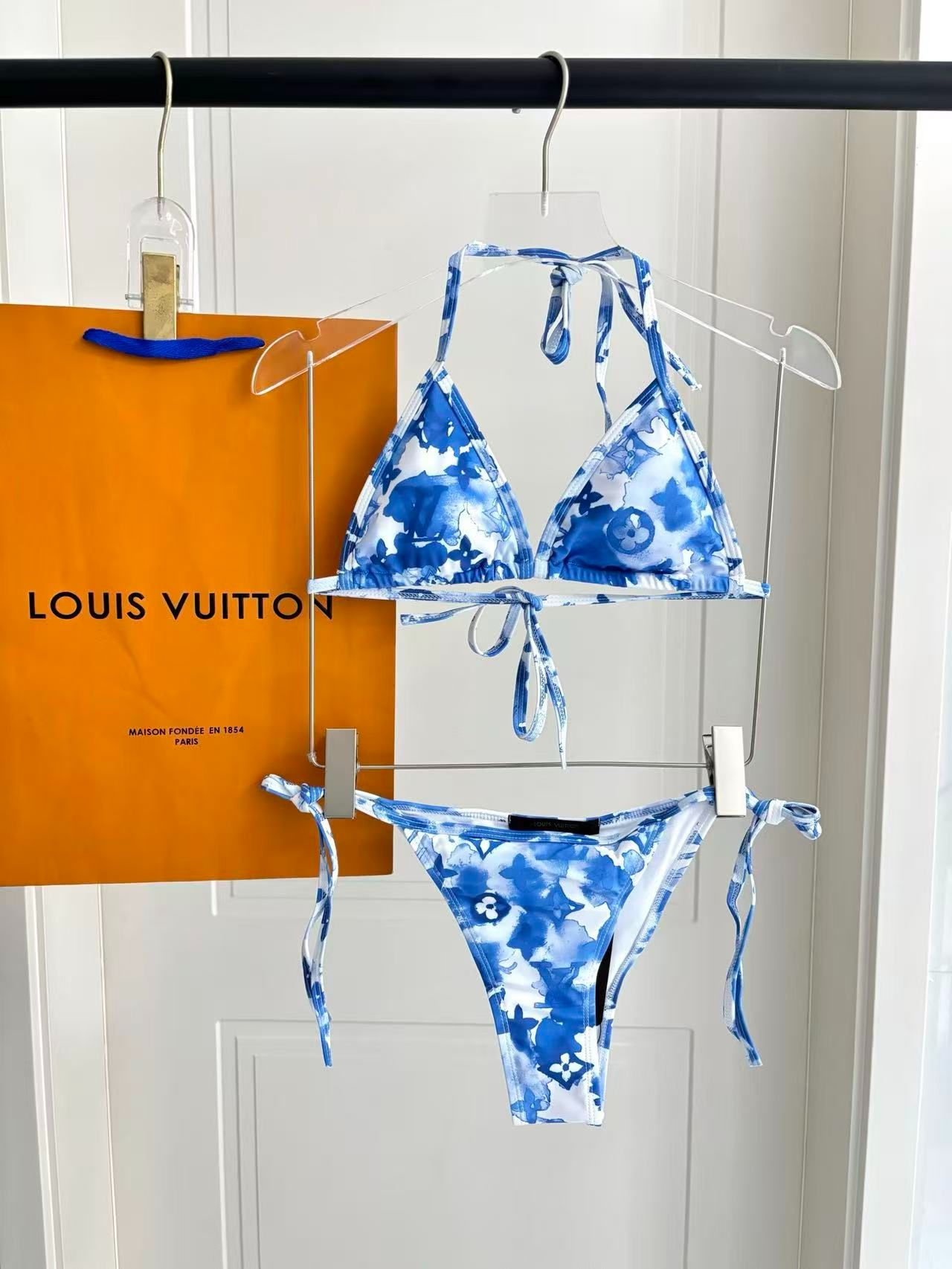 Watercolor Monogram Floral Bikini Blau/Weiß