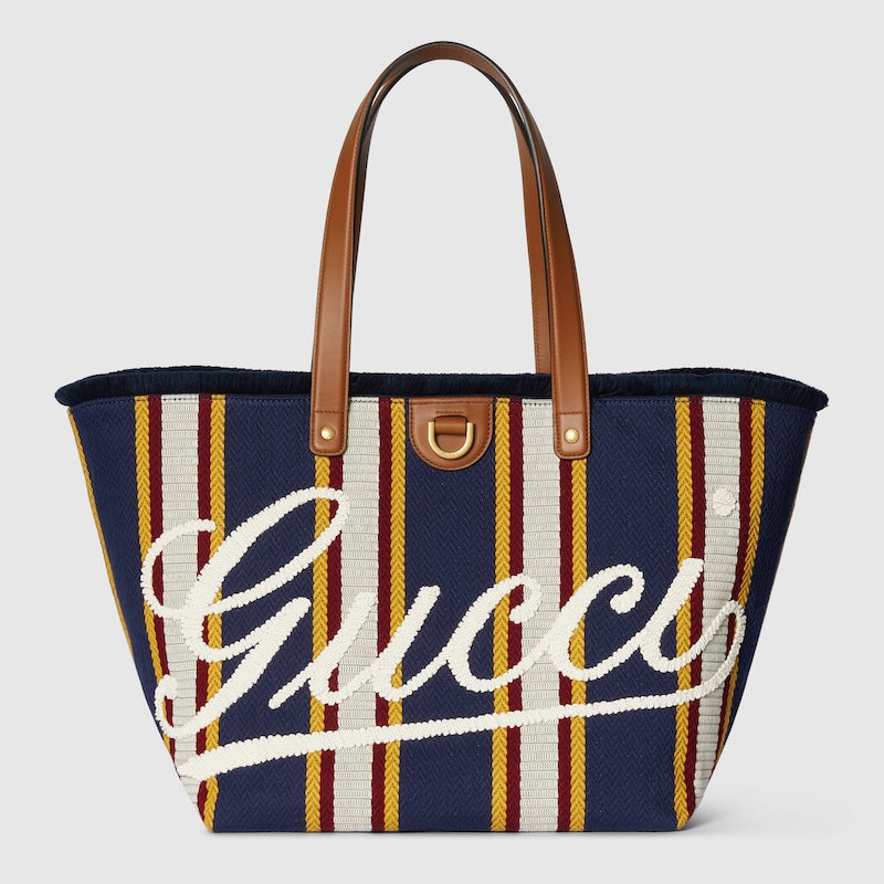Shopper bag made of embroidered dark blue fabric, medium