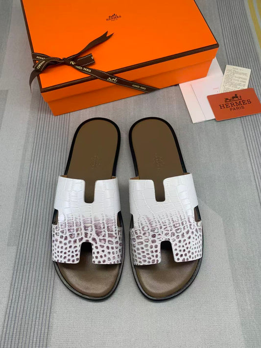 Herren-Sandalen Izmir aus weiß-braun verlaufendem Leder mit Krokodilprägung