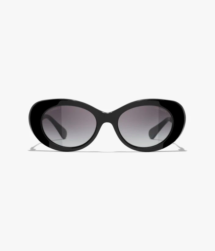 Ovale Sonnenbrille aus Acetat und schwarzem Metall mit grau verlaufenden Gläsern