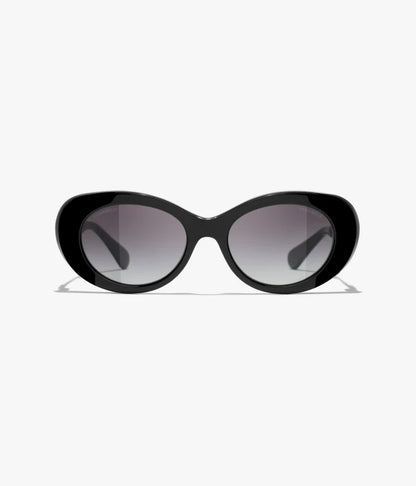 Ovale Sonnenbrille aus Acetat und schwarzem Metall mit grau verlaufenden Gläsern