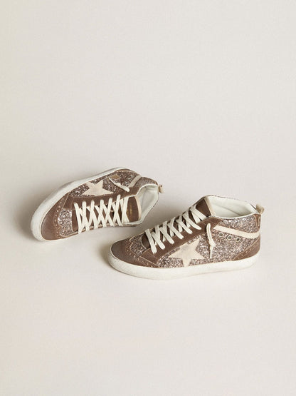 Glitter mid-star with pearl-colored suede star and brown suede inserts
