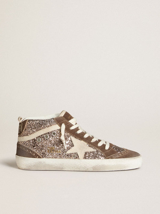 Glitter mid-star with pearl-colored suede star and brown suede inserts