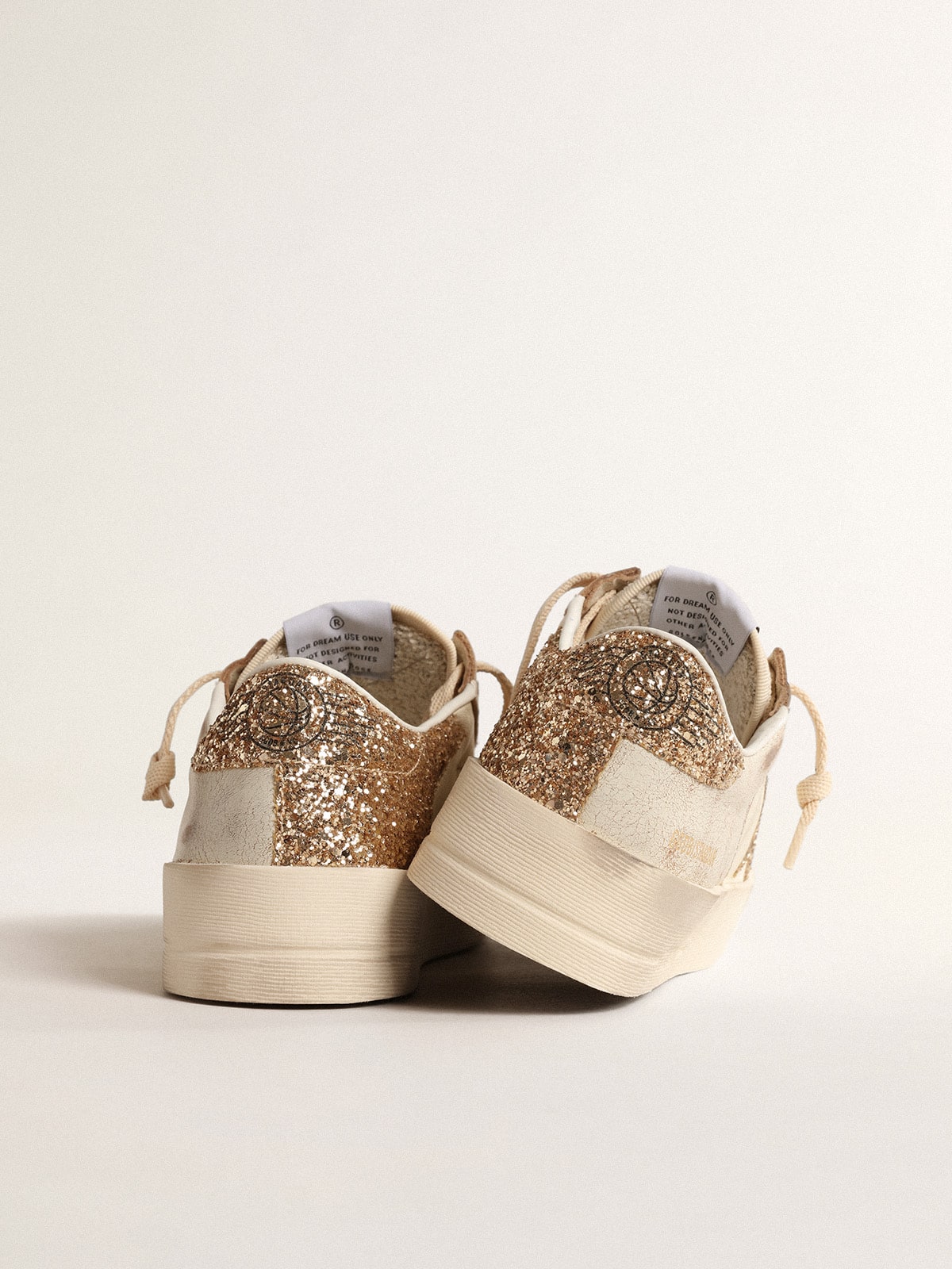 Stardan in ecru nappa leather with gold glitter star and heel