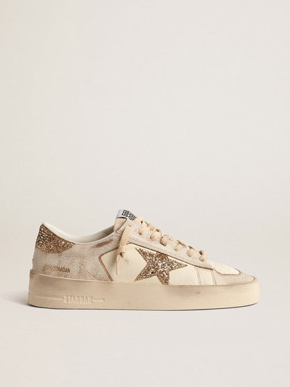 Stardan in ecru nappa leather with gold glitter star and heel