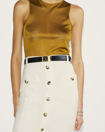 Belt with La-66 buckle in embossed crocodile leather