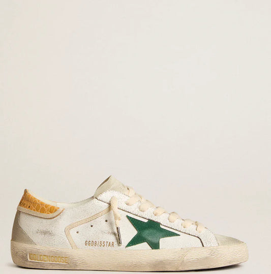 Super-Star with green suede star and yellow heel in crocodile look