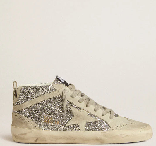 Mid Star in silver glitter with star and comma in ice-grey suede
